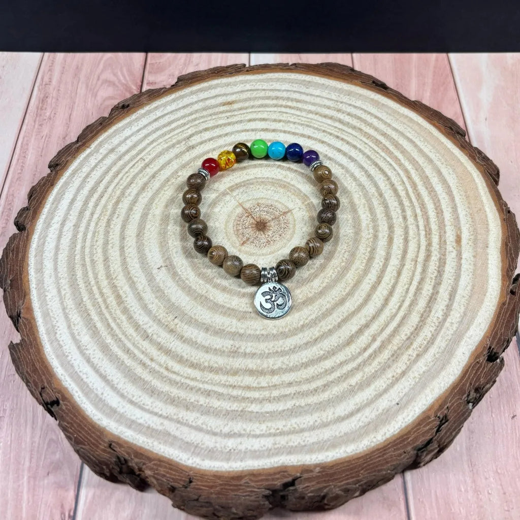 Pulsera 7 Chakras Madera Natural Piedras Energía Equilibrio