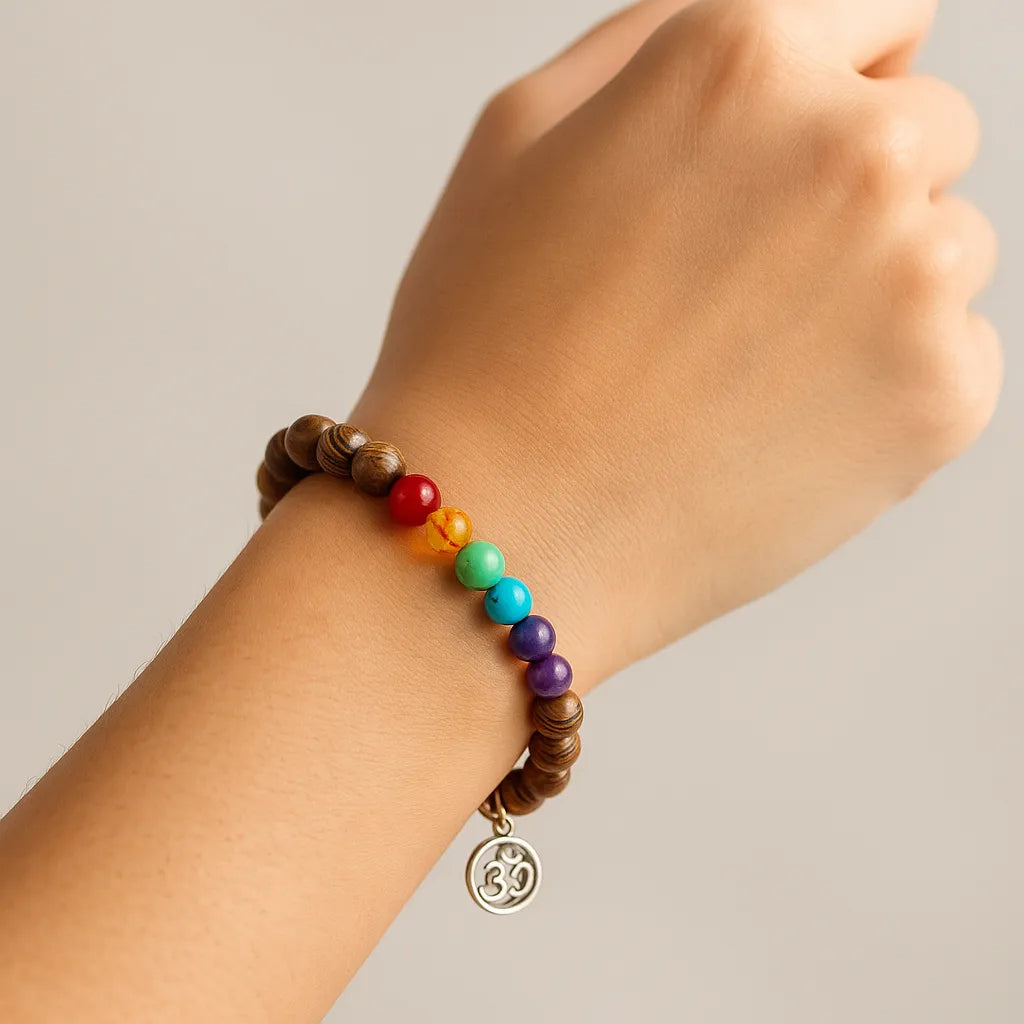 Pulsera 7 Chakras Madera Natural Piedras Energía Equilibrio