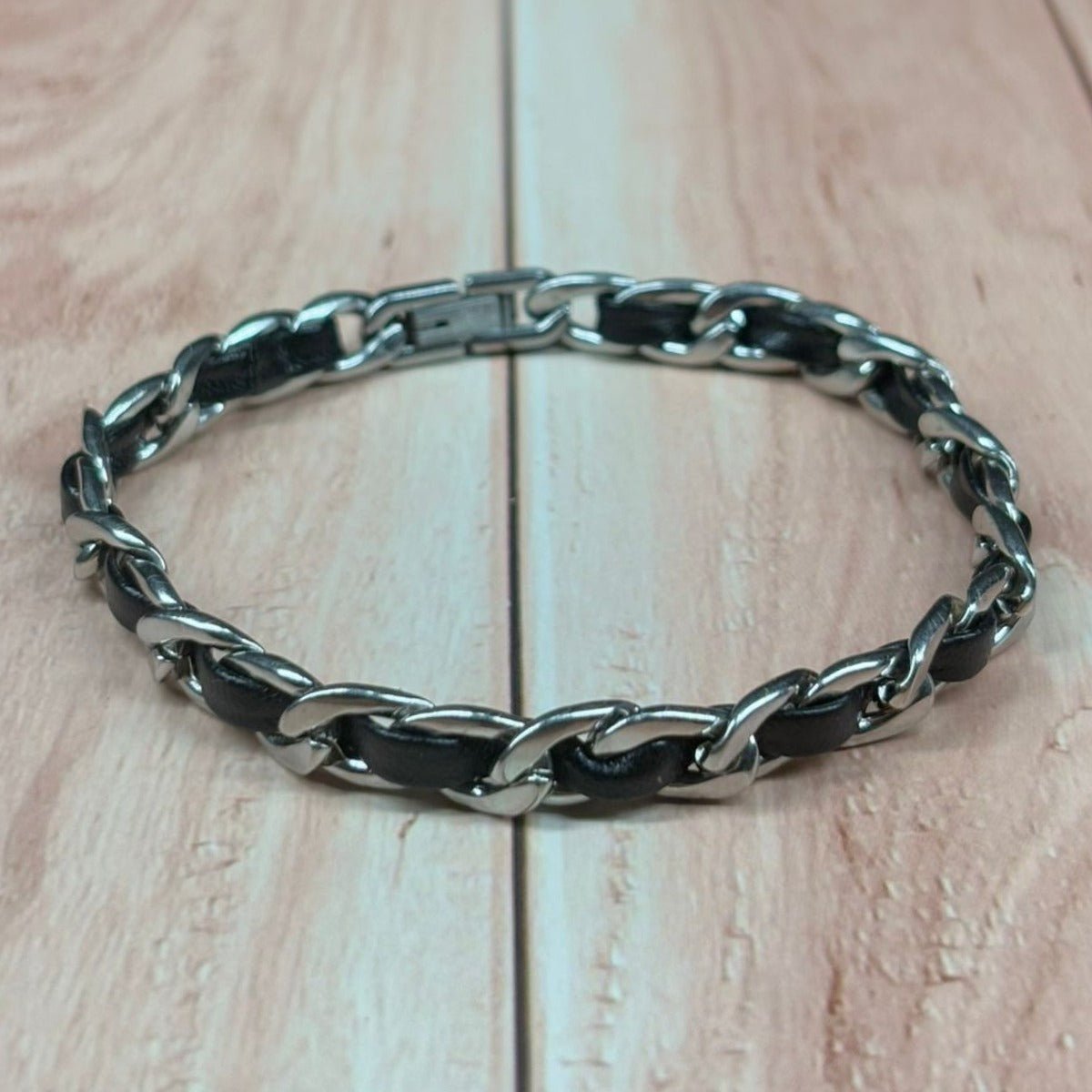 Pulsera Acero Inoxidable Y Cuero Genuino Hombre Elegante