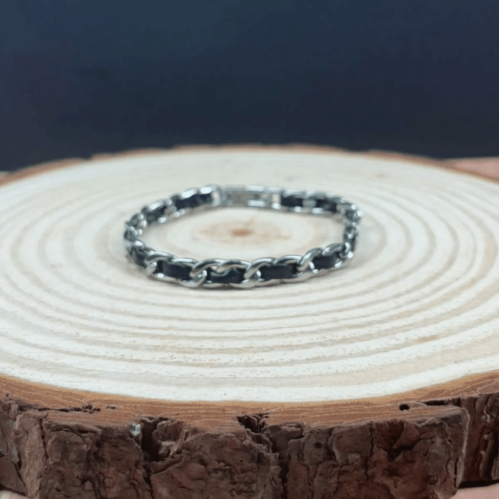 Pulsera Acero Inoxidable Y Cuero Genuino Hombre Elegante