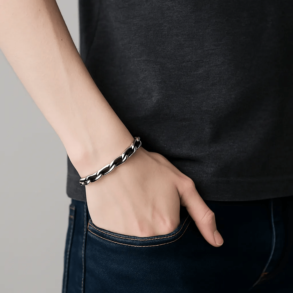 Pulsera Acero Inoxidable Y Cuero Genuino Hombre Elegante