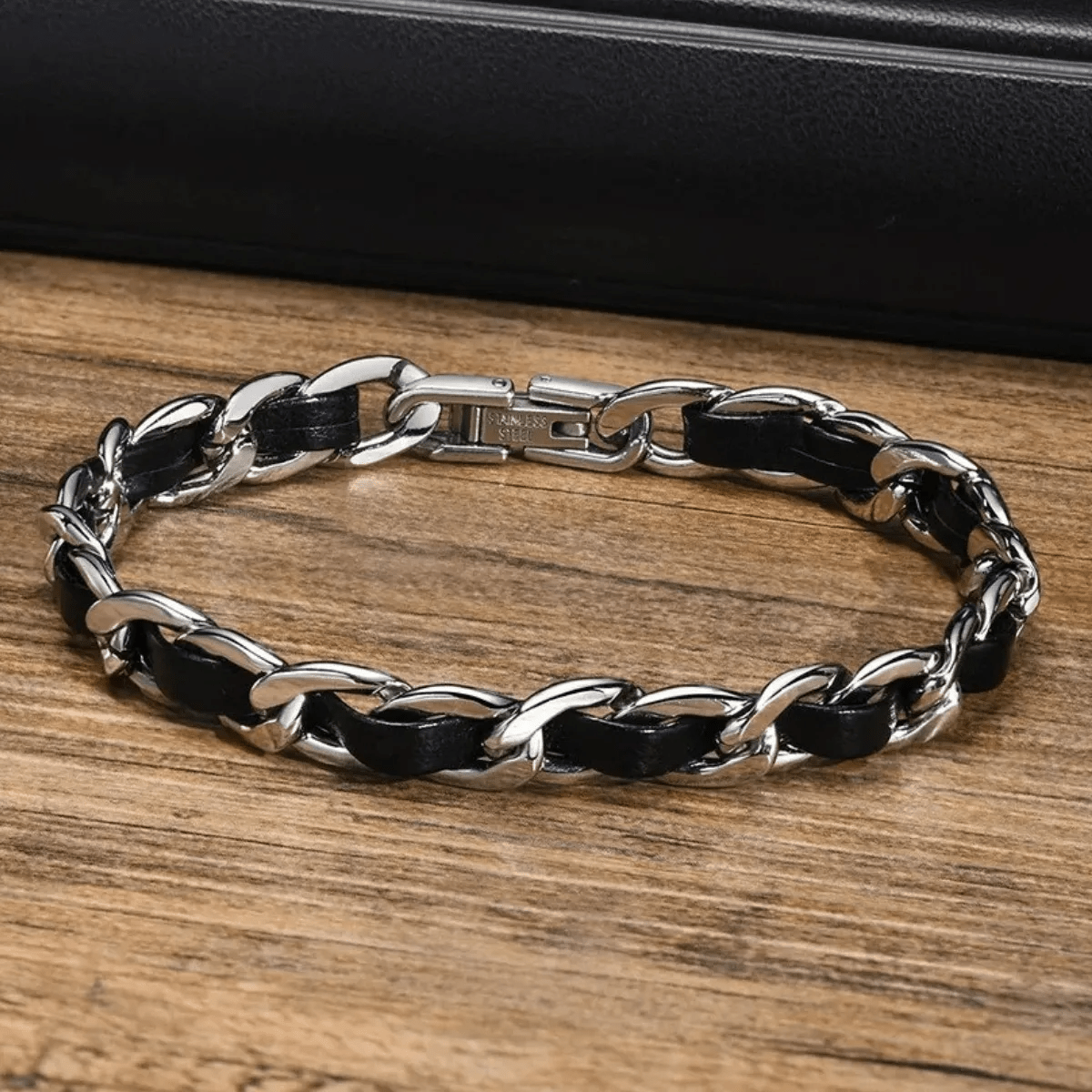 Pulsera Acero Inoxidable Y Cuero Genuino Hombre Elegante