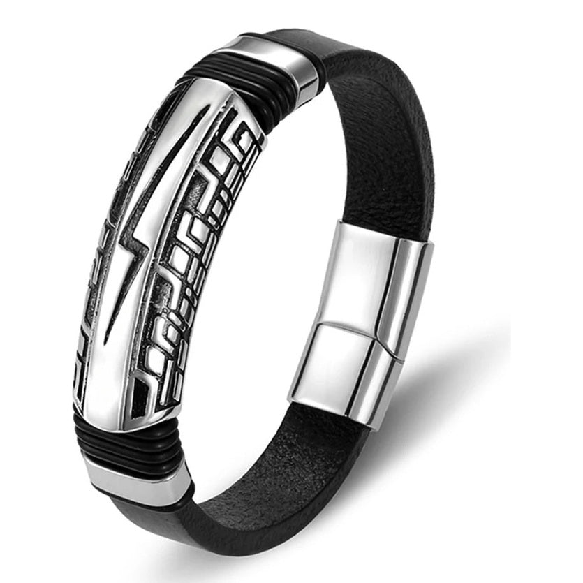 Pulsera Cuero Y Acero Inoxidable Rayo Punk Rock
