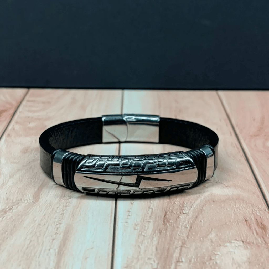 Pulsera Cuero Y Acero Inoxidable Rayo Punk Rock