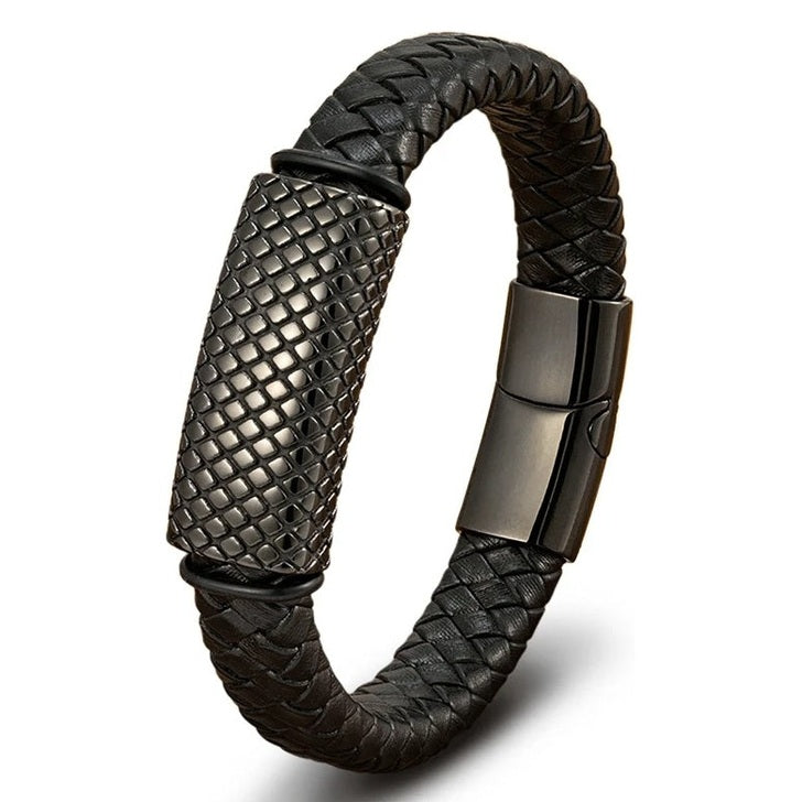 Pulsera De Cuero Genuino Y Acero Inoxidable Elegante Hombre