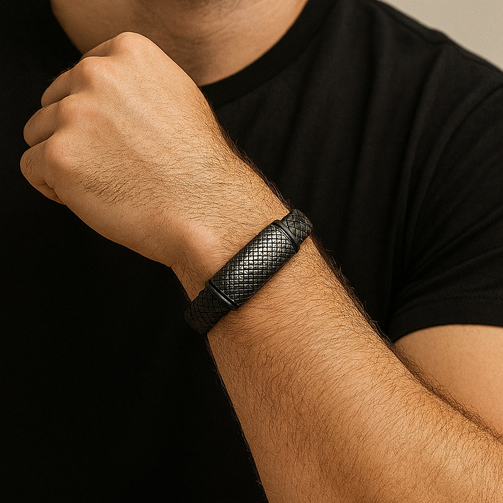 Pulsera De Cuero Genuino Y Acero Inoxidable Elegante Hombre