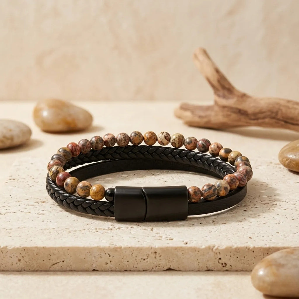 Pulsera de Jaspe Leopardita Cuero PU