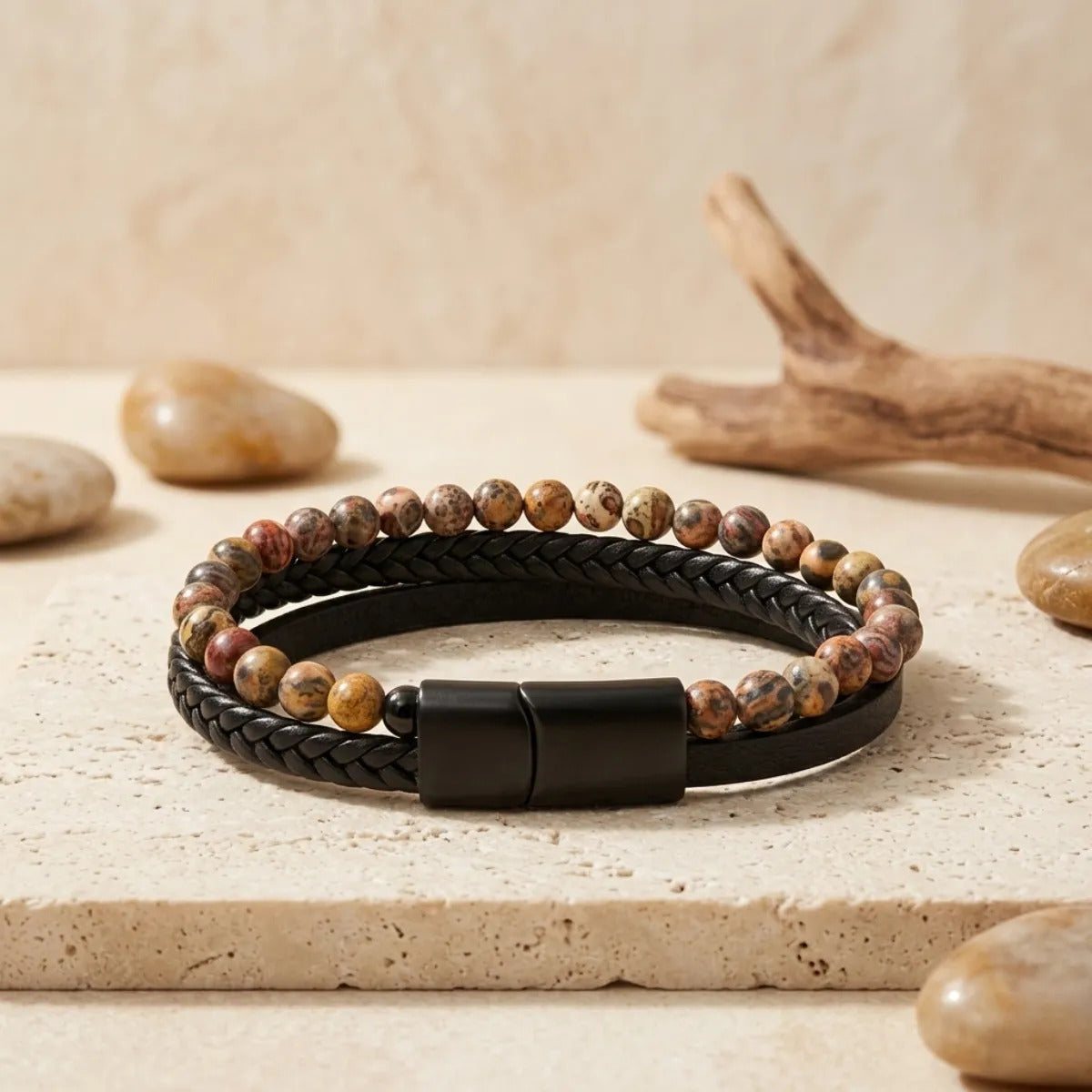 Pulsera de Jaspe Leopardita Cuero PU