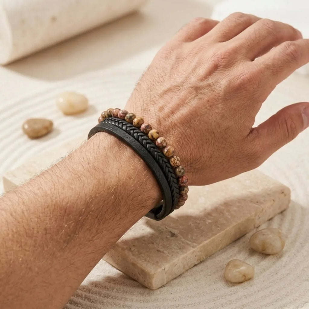 Pulsera Hombre Jaspe Leopardita Piedra Natural Cuero Pu 