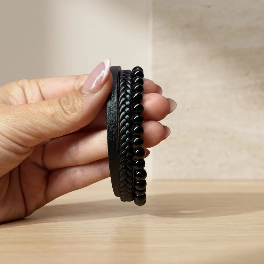 Pulsera Hombre Onix Negro Cuero Pu Brazalete Piedra Natural 