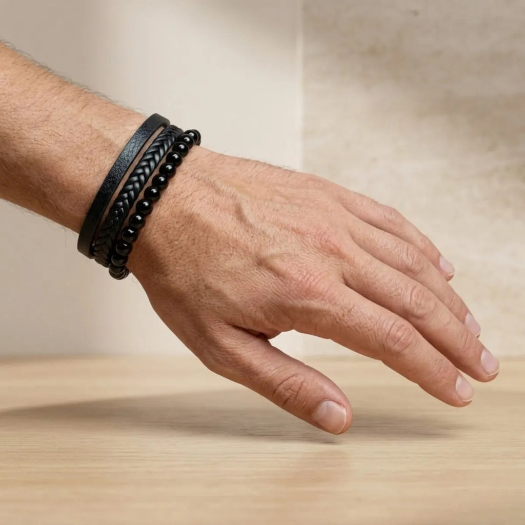 Pulsera Hombre Onix Negro Cuero Pu Brazalete Piedra Natural 