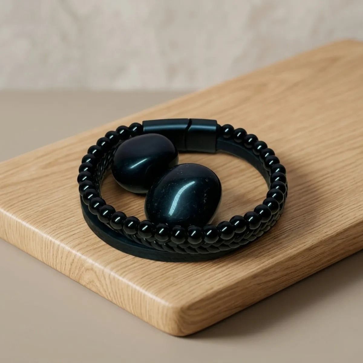 Pulsera Hombre Onix Negro Cuero Pu Brazalete Piedra Natural 