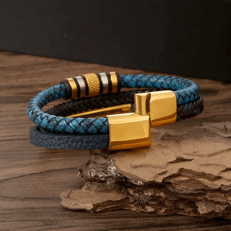 Pulsera Hombre Triple Cuero Pu Y Acero Inoxidable Elegante