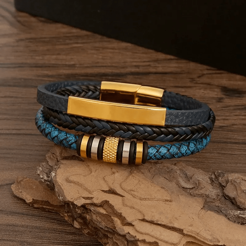 Pulsera Hombre Triple Cuero Pu Y Acero Inoxidable Elegante