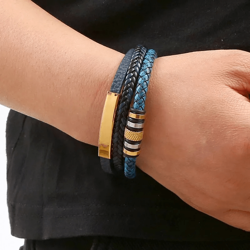 Pulsera Hombre Triple Cuero Pu Y Acero Inoxidable Elegante