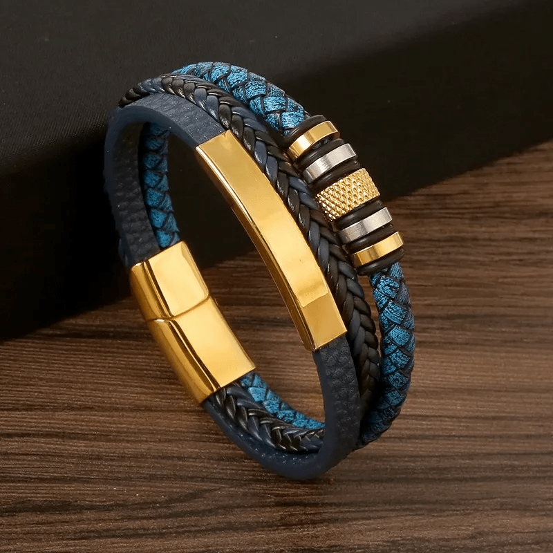 Pulsera Hombre Triple Cuero Pu Y Acero Inoxidable Elegante