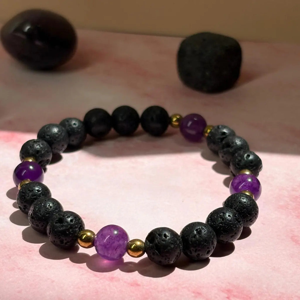 Pulsera de Lava Volcánica, Hematita y Amatista