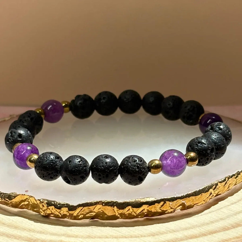 Pulsera de Lava Volcánica, Hematita y Amatista