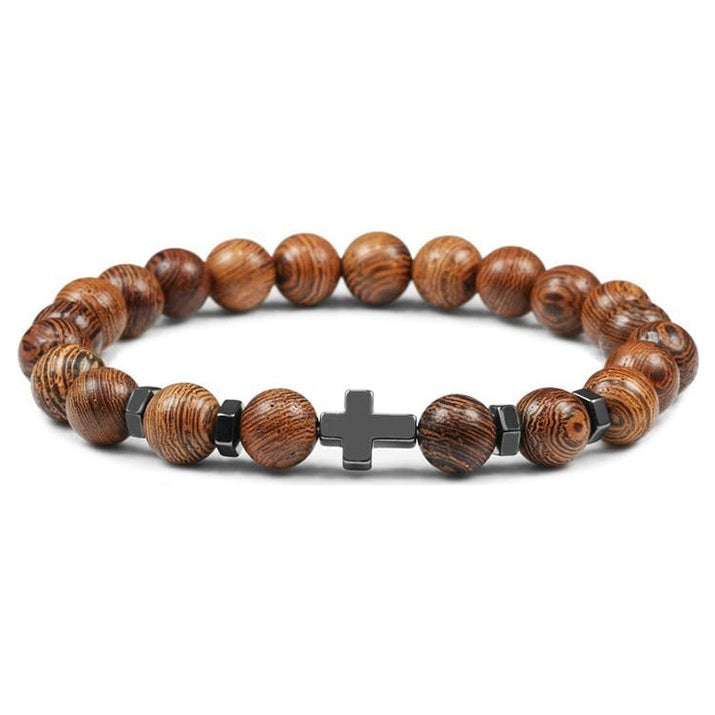 Pulsera Madera Natural Y Hematita Cruz Negra 8 Mm Hombre