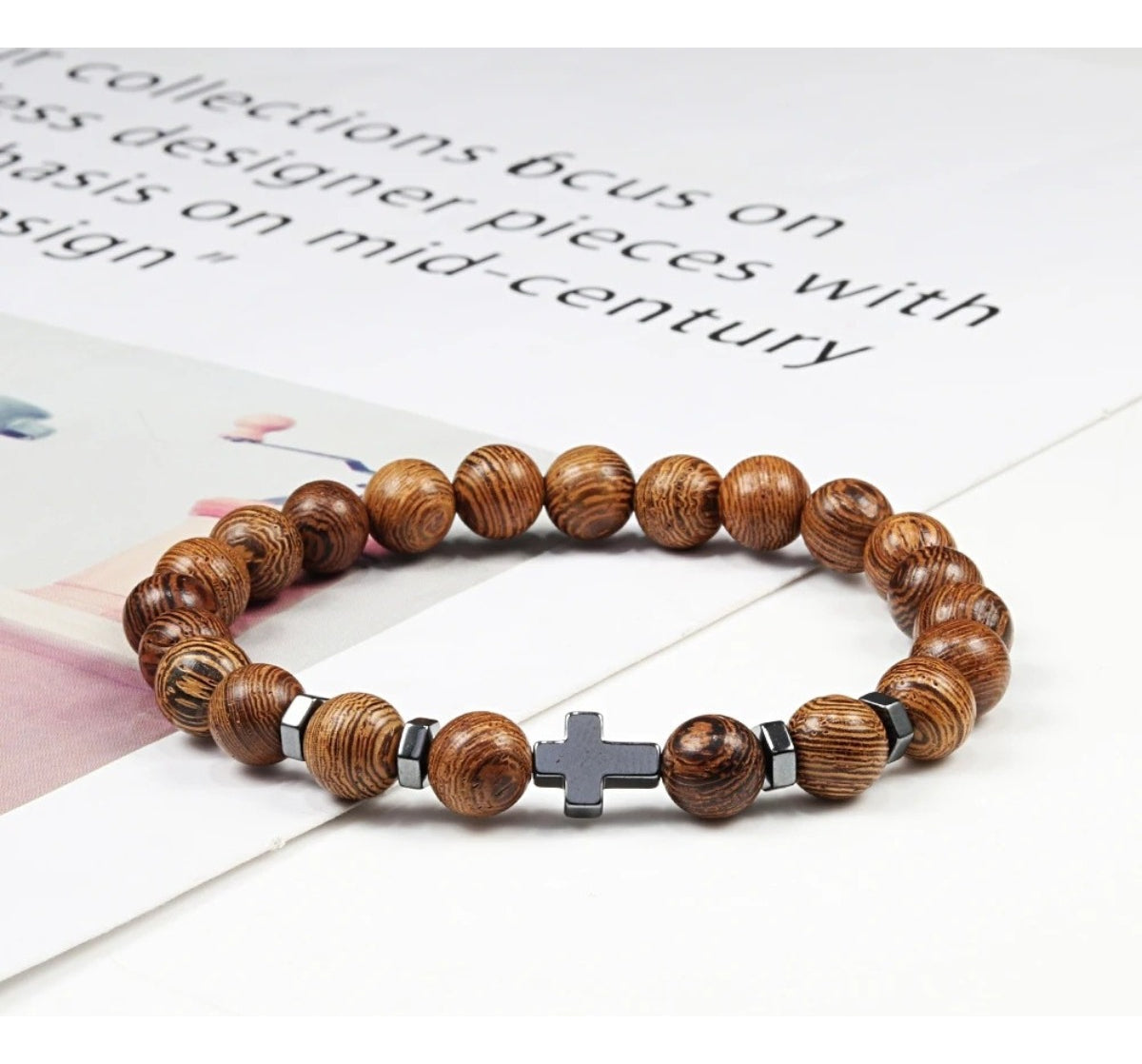 Pulsera Madera Natural Y Hematita Cruz Negra 8 Mm Hombre