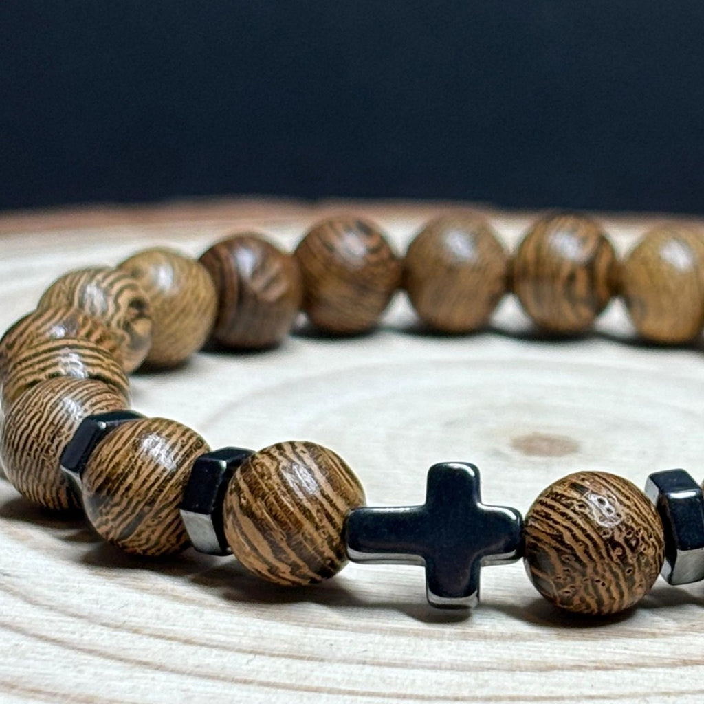 Pulsera Madera Natural Y Hematita Cruz Negra 8 Mm Hombre