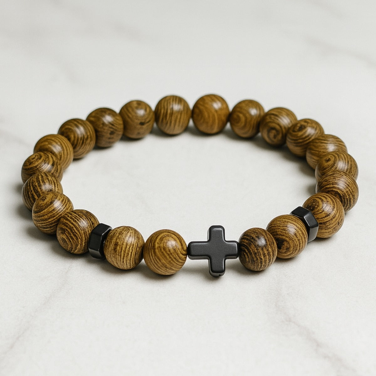 Pulsera Madera Natural Y Hematita Cruz Negra 8 Mm Hombre