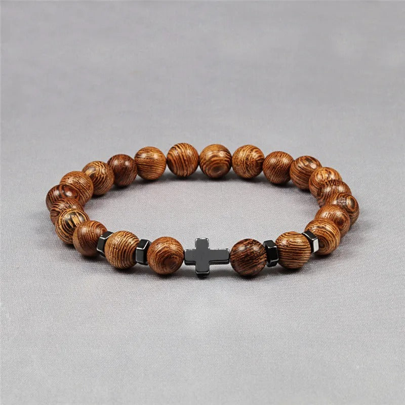 Pulsera Madera Natural Y Hematita Cruz Negra 8 Mm Hombre