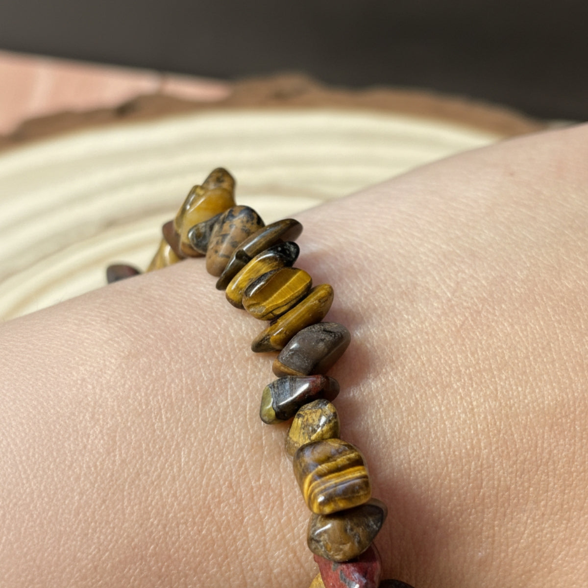 Pulsera Ojo De Tigre Chips Piedra Natural Elástica Unisex
