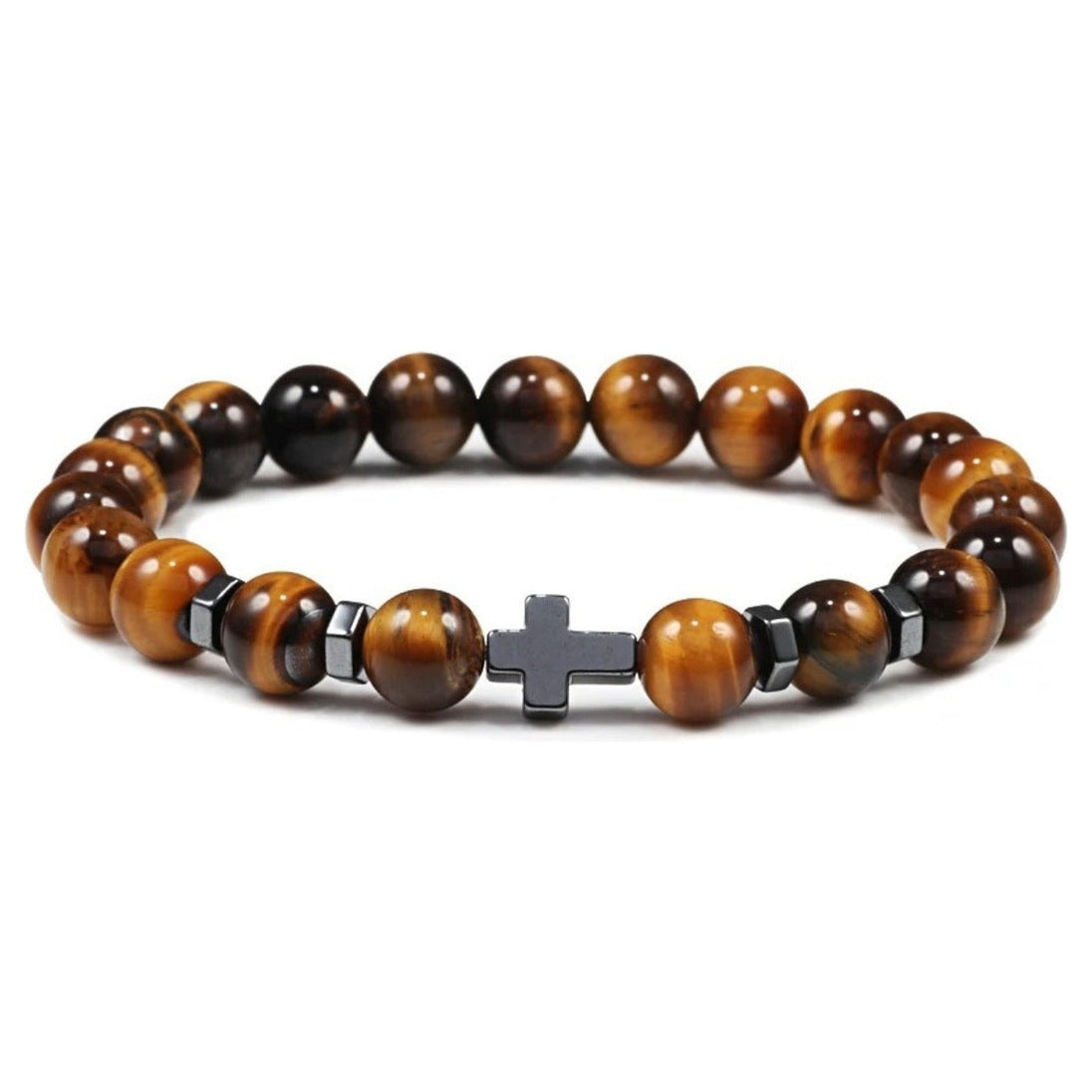 Pulsera Ojo De Tigre Y Hematita Cruz Negra 8 Mm Hombre