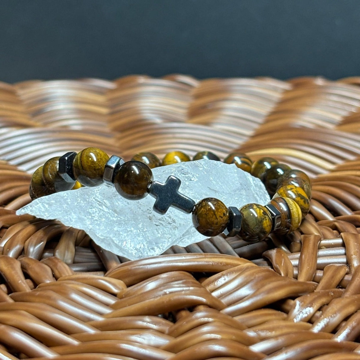 Pulsera Ojo De Tigre Y Hematita Cruz Negra 8 Mm Hombre