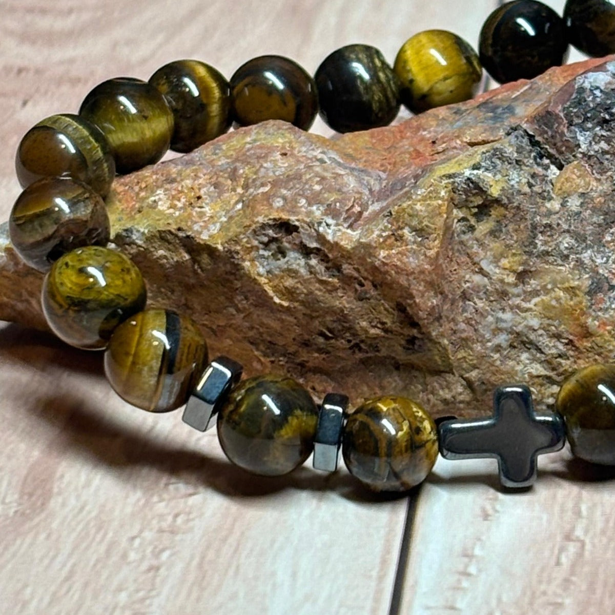 Pulsera Ojo De Tigre Y Hematita Cruz Negra 8 Mm Hombre