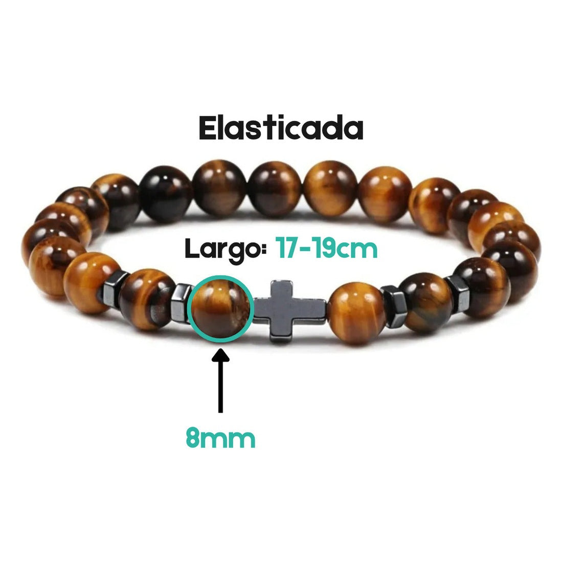 Pulsera Ojo De Tigre Y Hematita Cruz Negra 8 Mm Hombre