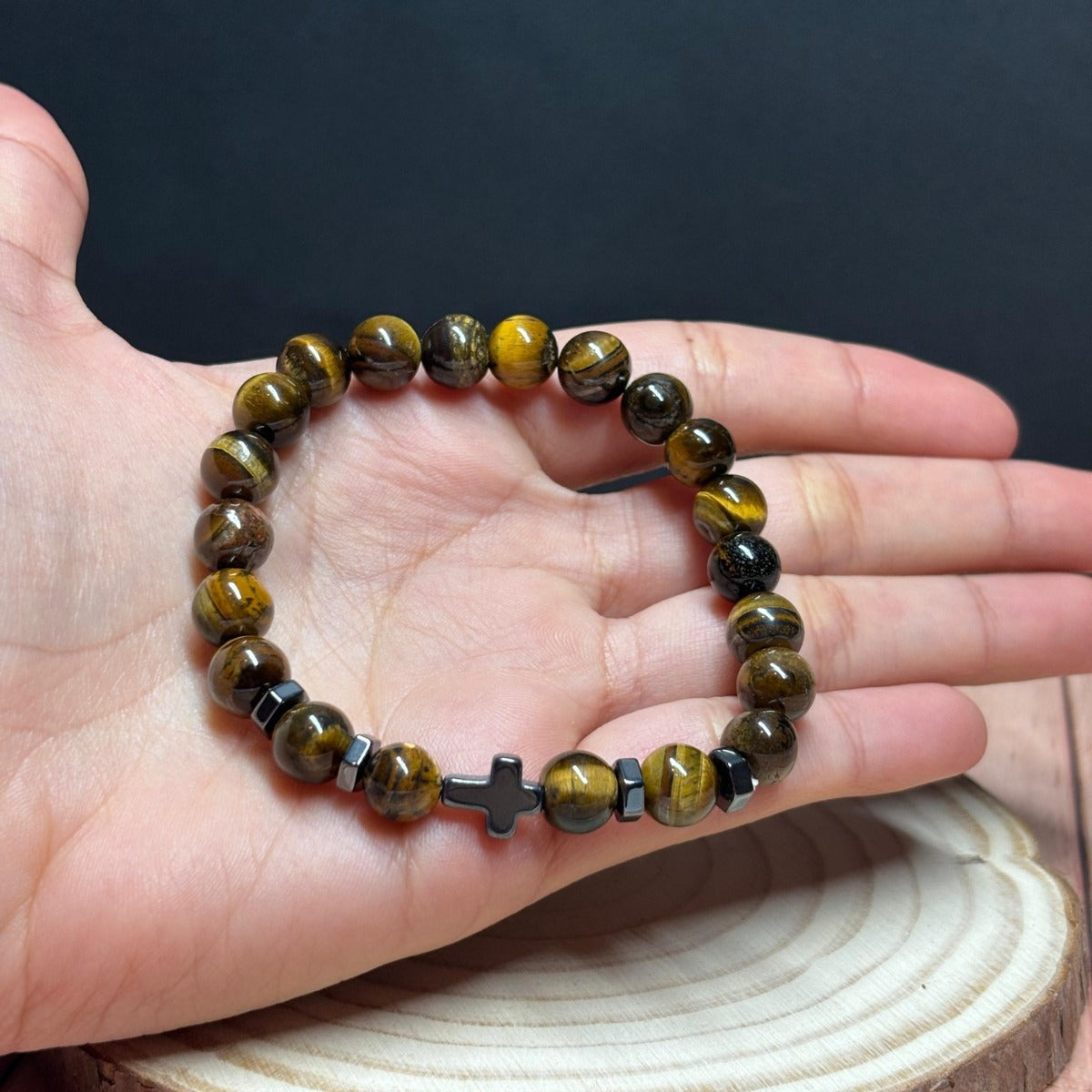 Pulsera Ojo De Tigre Y Hematita Cruz Negra 8 Mm Hombre