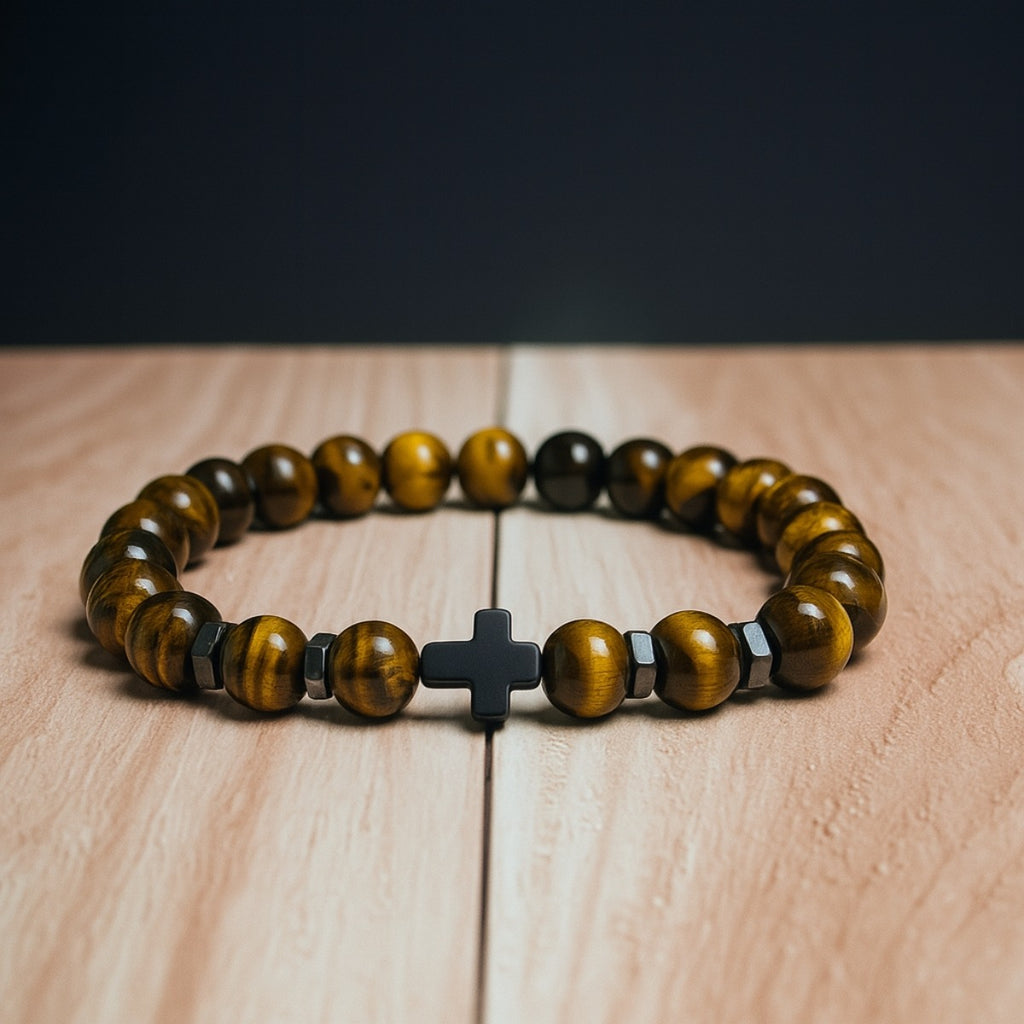 Pulsera Ojo De Tigre Y Hematita Cruz Negra 8 Mm Hombre