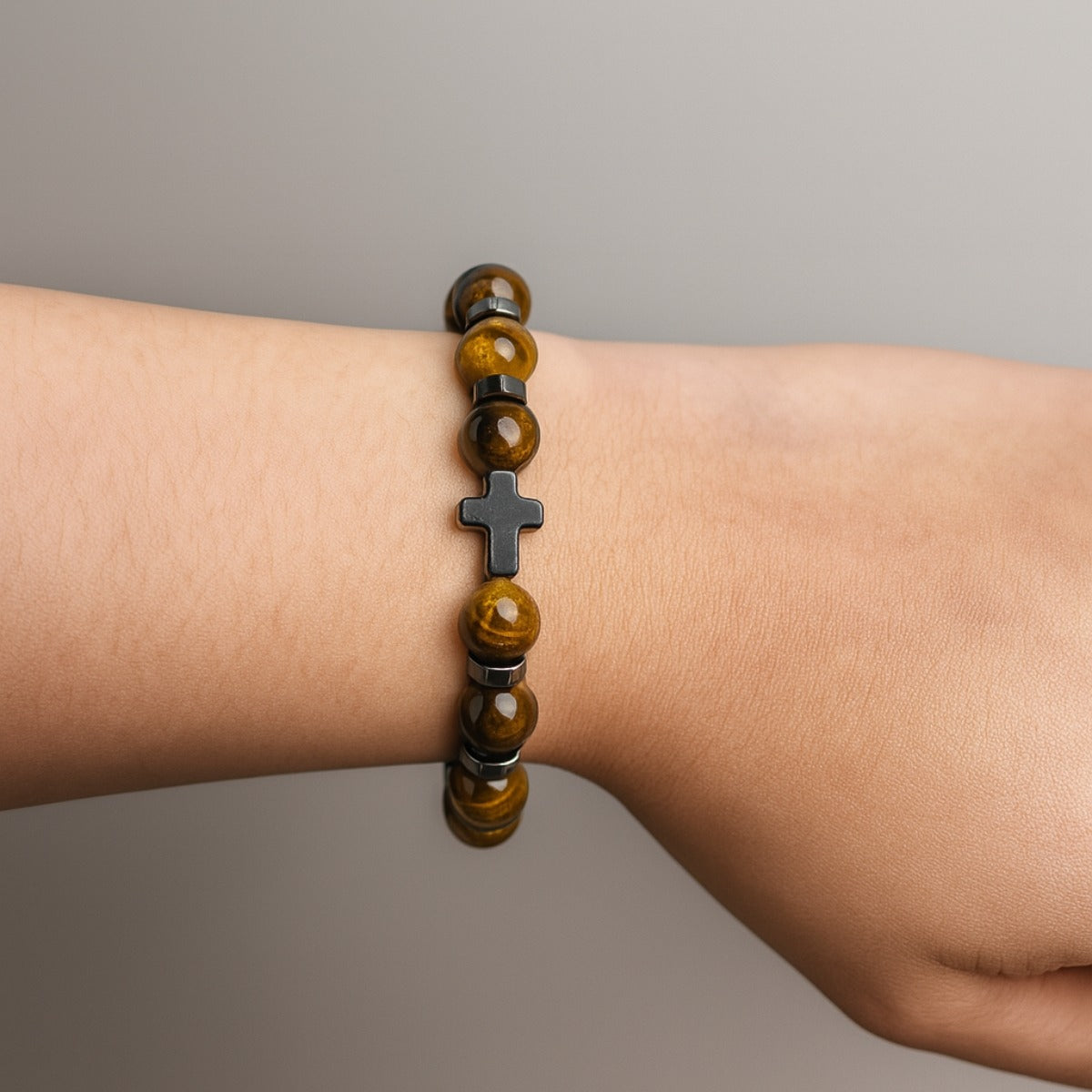 Pulsera Ojo De Tigre Y Hematita Cruz Negra 8 Mm Hombre