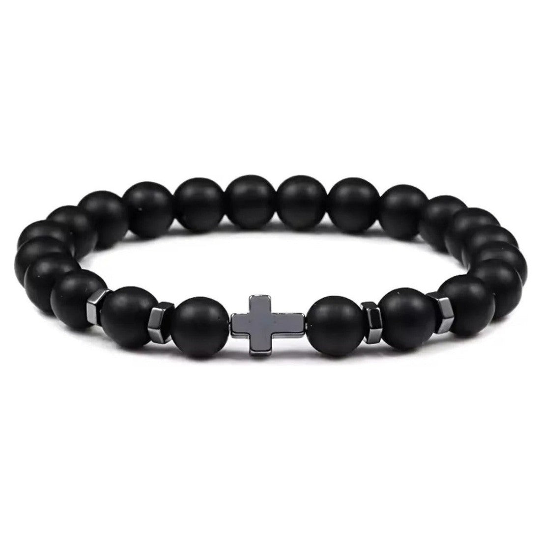 Pulsera Ónix Mate Y Hematita Cruz Negra 8 Mm Hombre