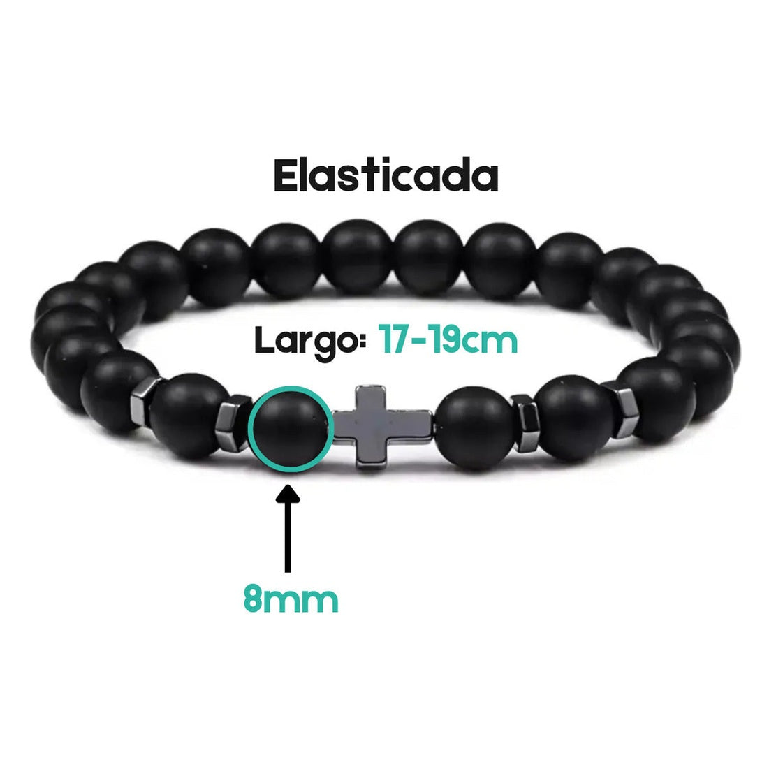 Pulsera Ónix Mate Y Hematita Cruz Negra 8 Mm Hombre