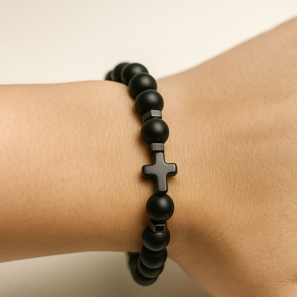 Pulsera Ónix Mate Y Hematita Cruz Negra 8 Mm Hombre