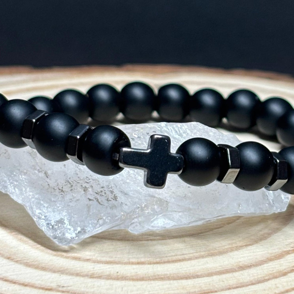 Pulsera Ónix Mate Y Hematita Cruz Negra 8 Mm Hombre