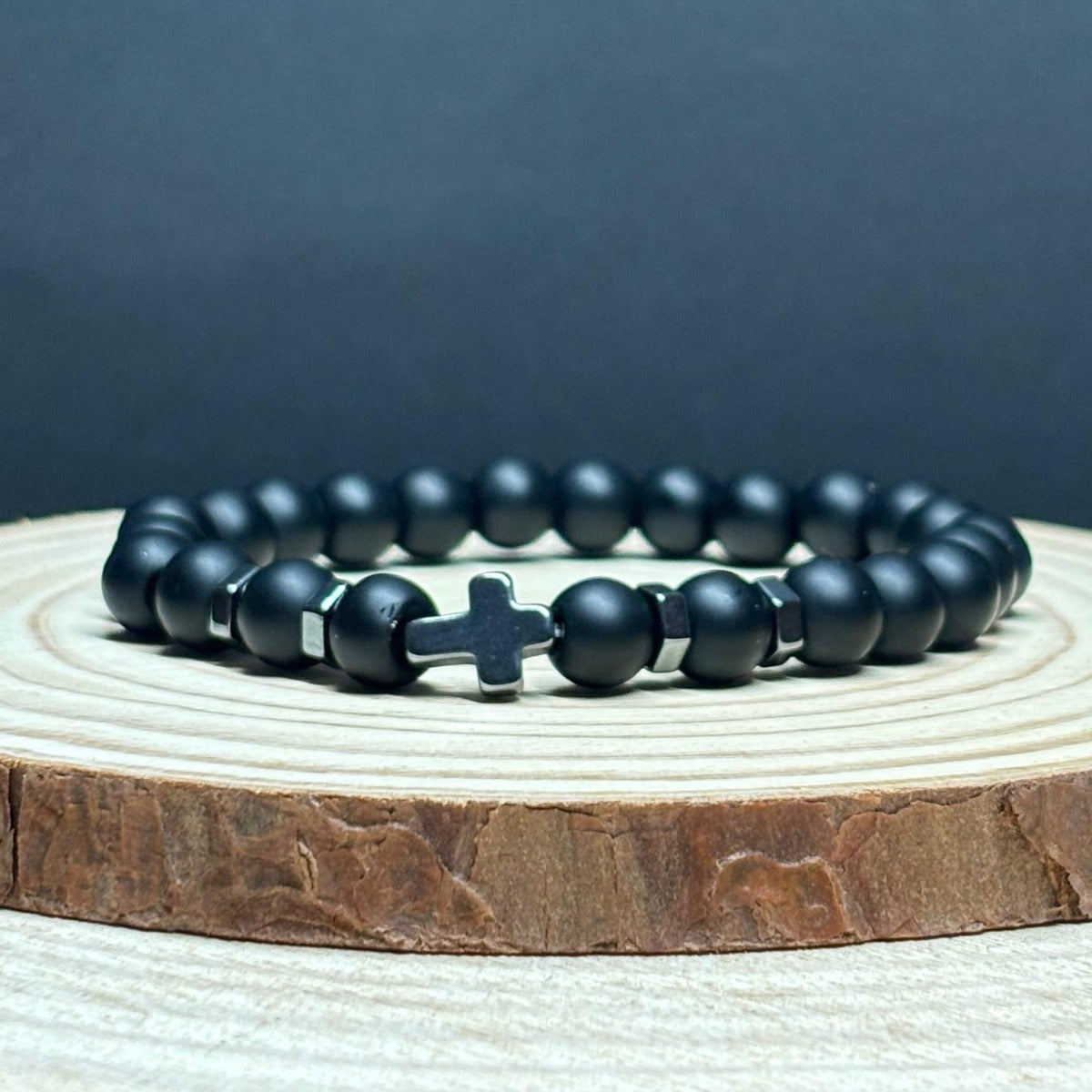 Pulsera Ónix Mate Y Hematita Cruz Negra 8 Mm Hombre