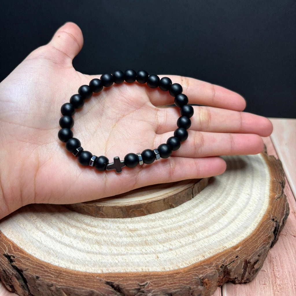 Pulsera Ónix Mate Y Hematita Cruz Negra 8 Mm Hombre