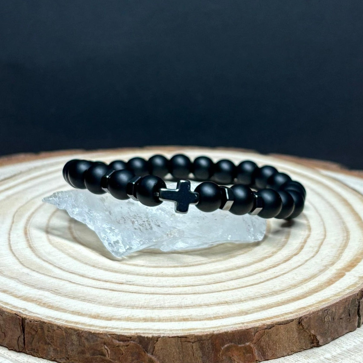 Pulsera Ónix Mate Y Hematita Cruz Negra 8 Mm Hombre