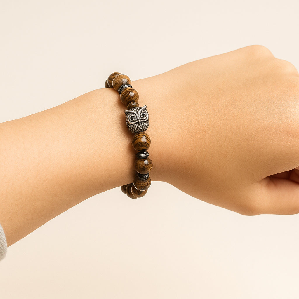 Pulsera de Madera Natural con Búho para Sabiduría y Protección