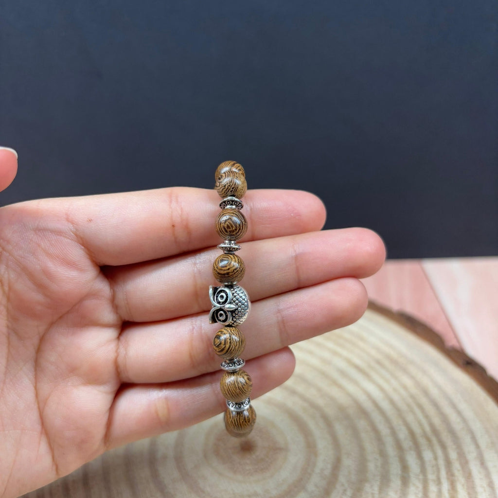 Pulsera de Madera Natural con Búho para Sabiduría y Protección