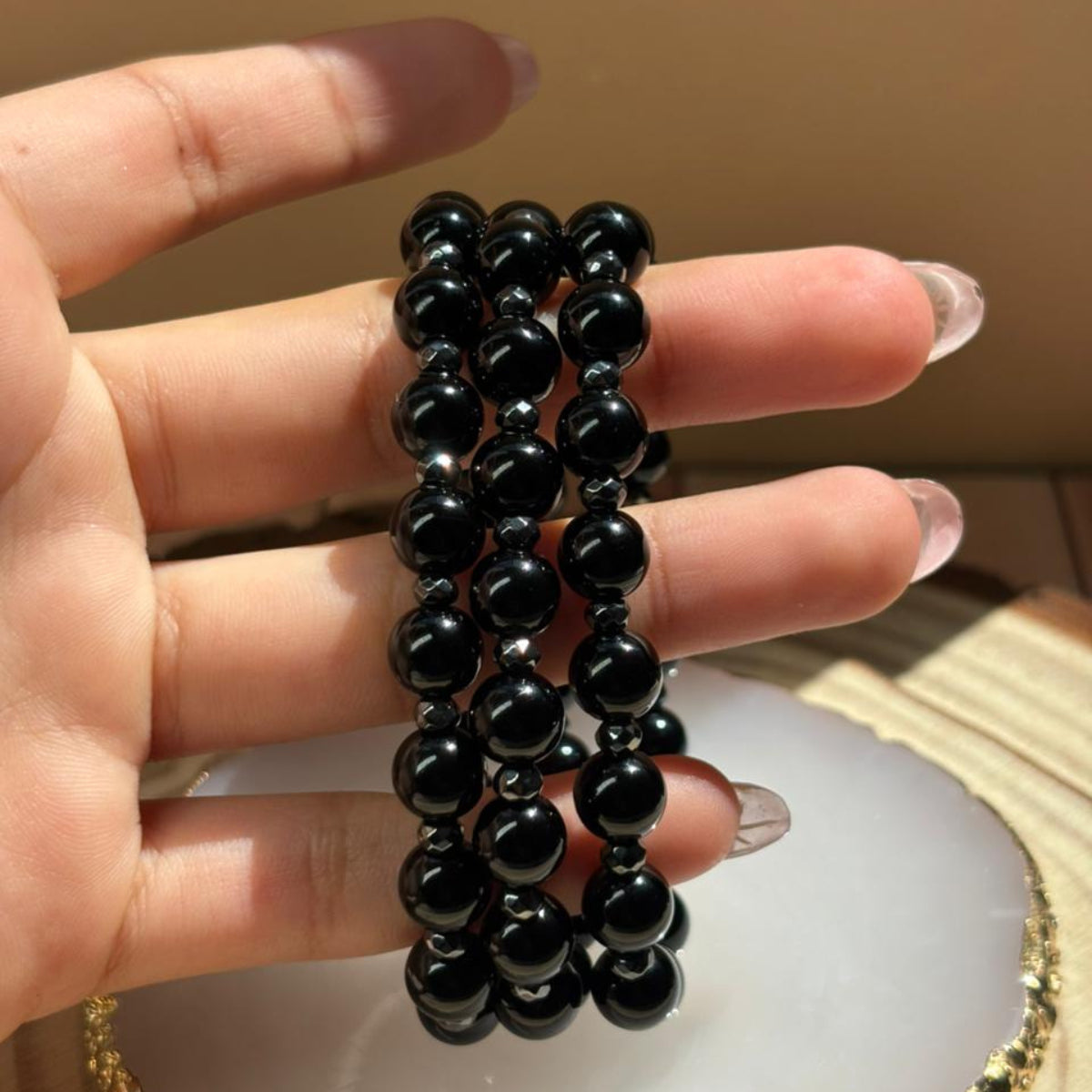 Pulsera de Ónix Negro y Hematita Natural - Escudo y Protección