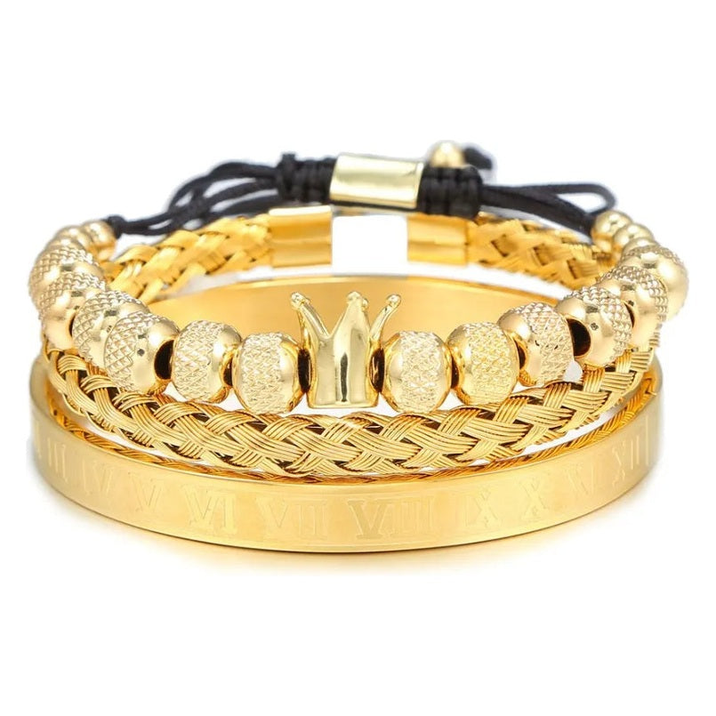 Set 3 Pulseras Rey Corona Acero Inoxidable Dorado