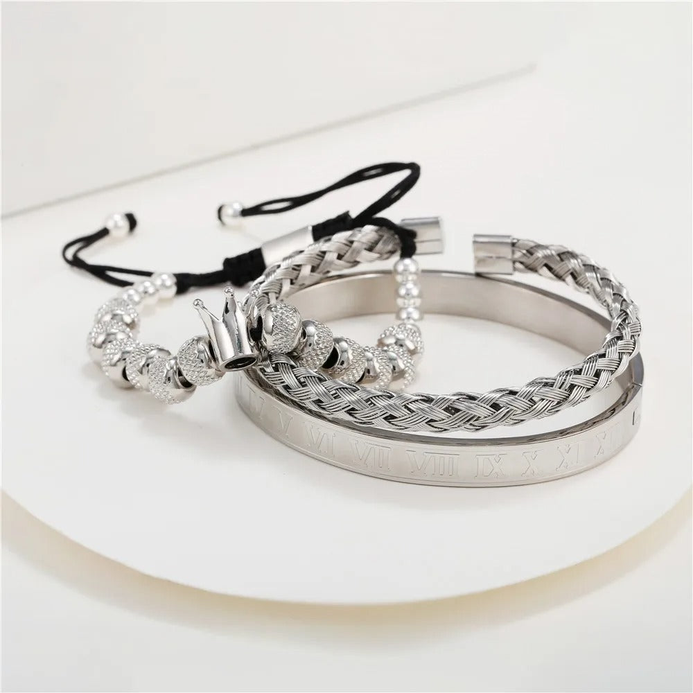 Set 3 Pulseras Rey Corona Acero Inoxidable Regalo Hombre