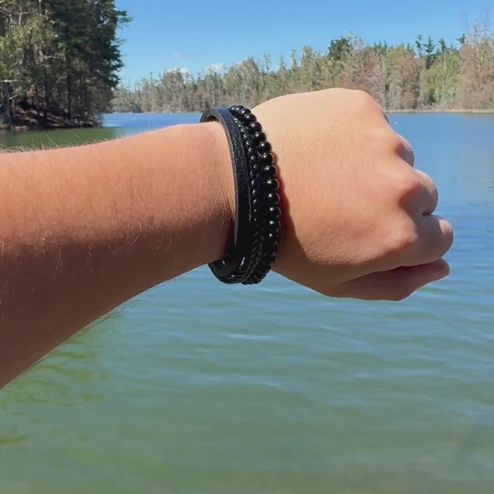 Pulsera Hombre Onix Negro Cuero Pu Brazalete Piedra Natural