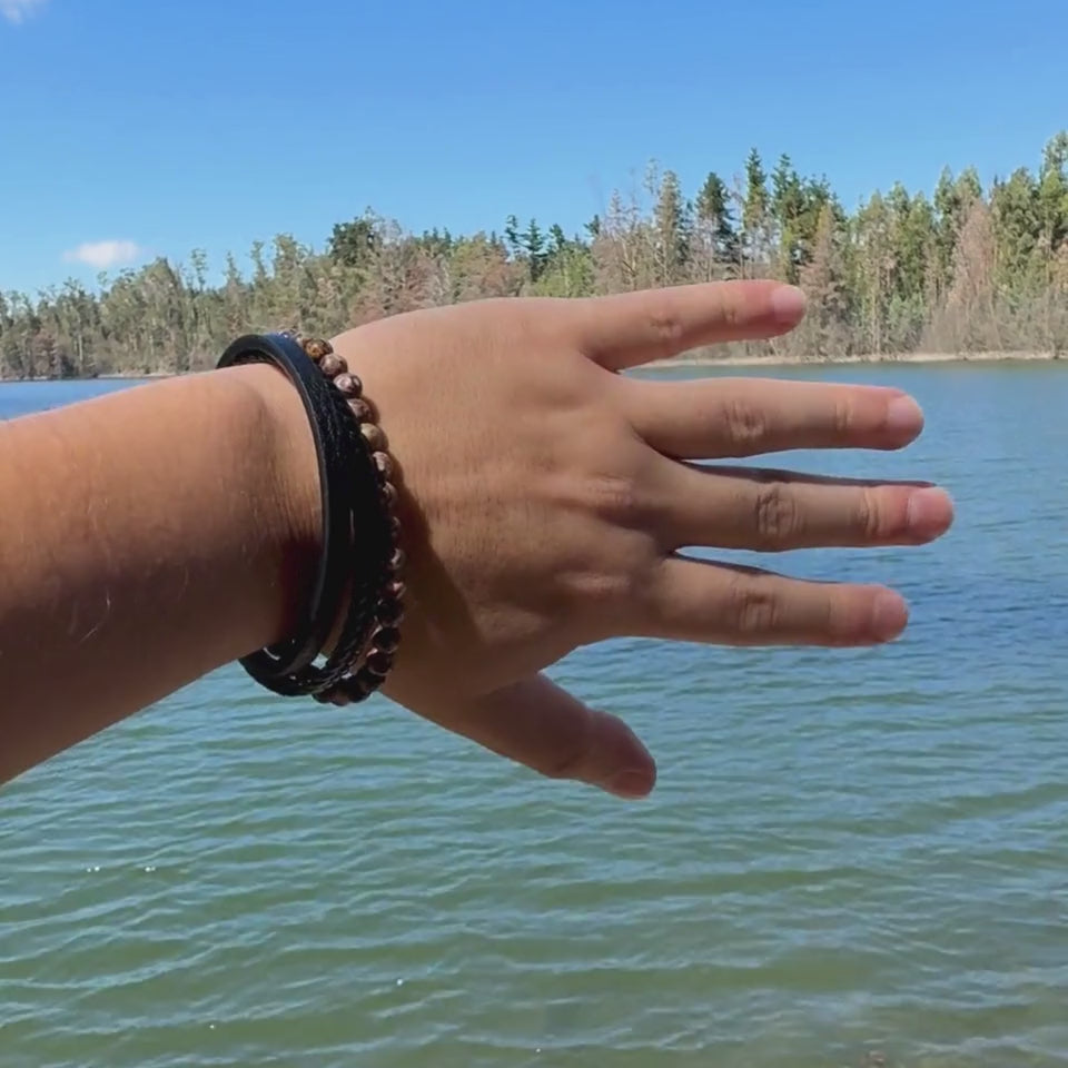 Pulsera Hombre Jaspe Leopardita Piedra Natural Cuero Pu