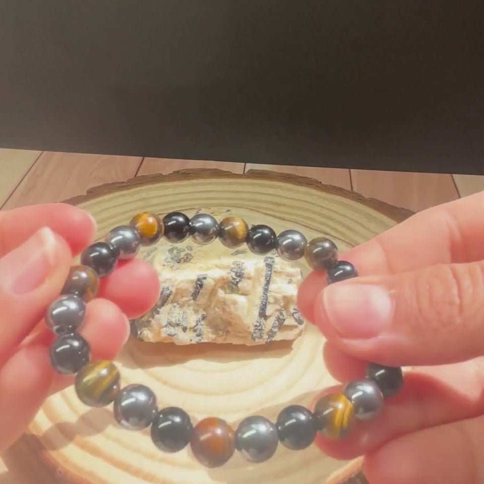 Pulsera Triple Protección Obsidiana Hematita Ojo De Tigre